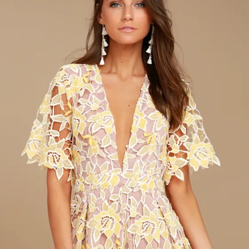 NBD Mila Beige and Yellow Lace Romper